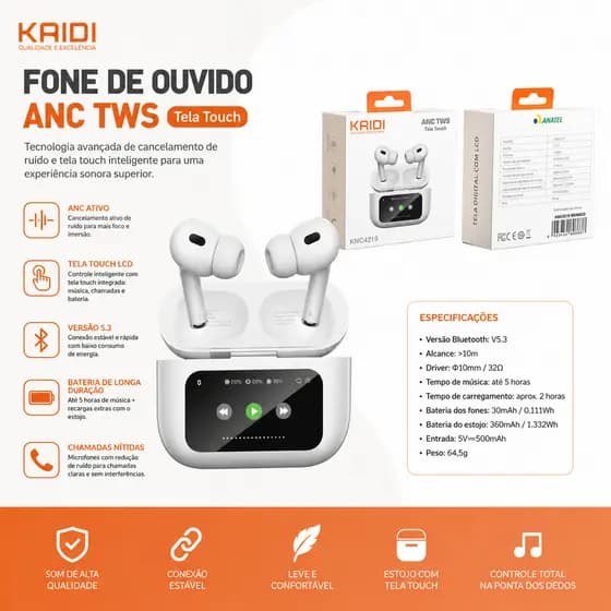 Fone Bluetooth KAIDI KNC4219 ANC TWS com Tela Touch Bluetooth 5.3