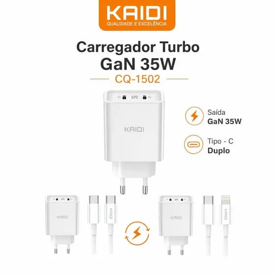 Carregador Turbo Kaidi GaN 35W USB-C Duplo com Carregamento Rápido PD para Celular e Tablet