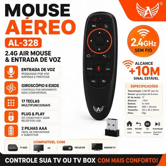 Controle Remoto Air Mouse AL-328 2.4G Sem Fio com Microfone de Voz, Giroscópio 6 Eixos e Receptor USB