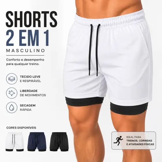 Shorts Masculino 2 em 1 Corrida Forrado Compressão Academia Treino