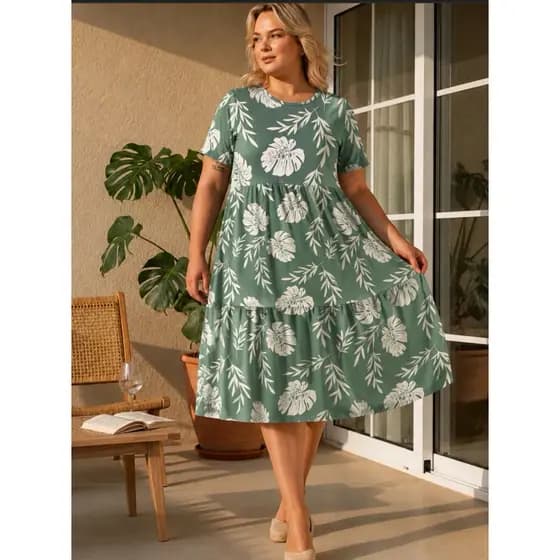 Vestido Plus Size 3 maria todado com manga M G GG G1 G2 44/46/48/50/52