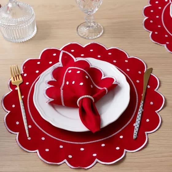 Kit Jogo Americano Poá Sousplat Bordado Mesa Posta Natal e Ano Novo Redondo/Retangular Decoração