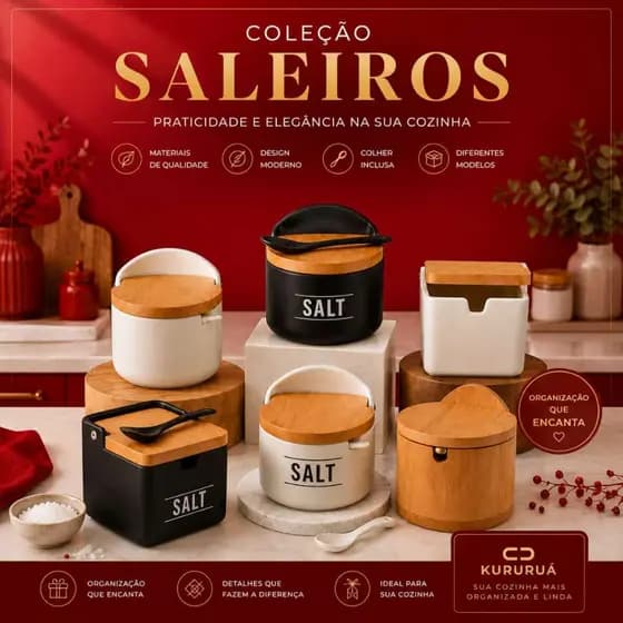 Saleiro de Porcelana Porta Sal Açucareiro Temperos com Tampa Bambu e Colher Preto e Branco