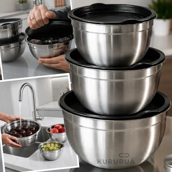 Conjunto Bowls de Inox Tigela com Tampa 3 Pças