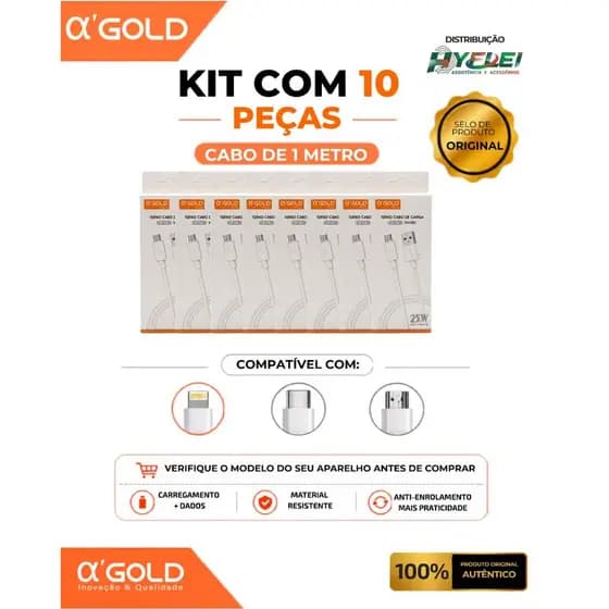 kit 10 cabos carregador A'gold turbo 25w + dados Tipo C - Micro V8- IPHONE - atacado - Original