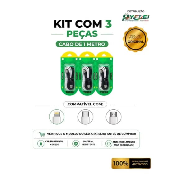 Kit 3 cabos carregador Fast charge turbo + dados - Tipo-C - Iphone - Micro v8 - Atacado