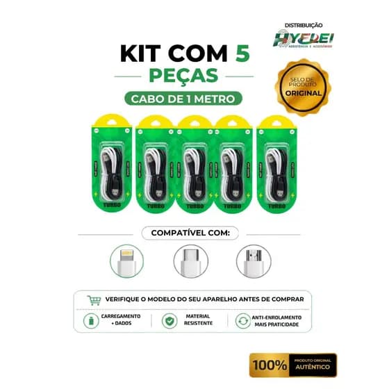 Kit 5 cabos carregador Fast Charge Turbo + dados - Tipo-C - Iphone - Micro v8 - Atacado