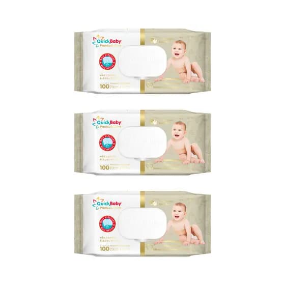 KIT TOALHA UMEDECIDA QUICK BABY PREMIUM CARE 300 FOLHAS (3UNDX100FLS) ALOE VERA