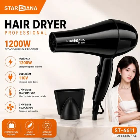 Secador de cabelo Profissional 1200W 110v Compacto com bico direcionador Ar quente e frio
