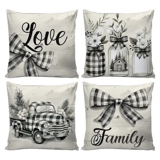 Kit 04 Capas de Almofadas Love, Família Rústicas Xadrez 0,45cm x 0,45cm Decoração preta e branca