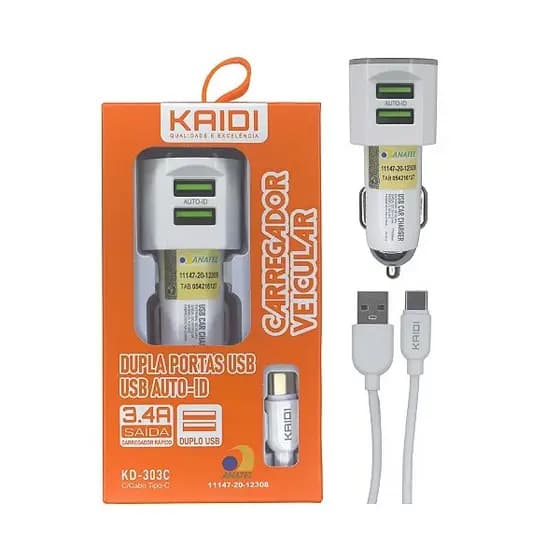 Carregador Veicular Turbo 2x Usb - Tipo C , IOS , MICRO USB Kaidi Kd-303C , Kd-303S , Kd-303A