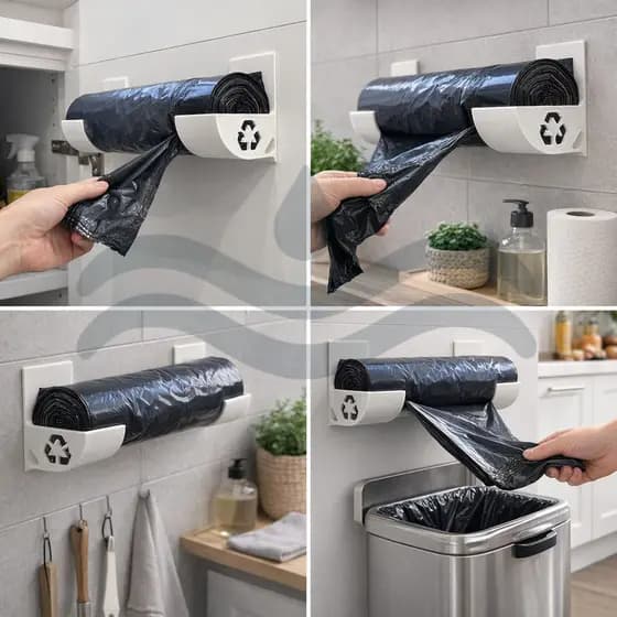 Suporte Rolo de Sacos Plásticos Sacolas de Lixo para Armário – Organização de Cozinha sem Parafusos