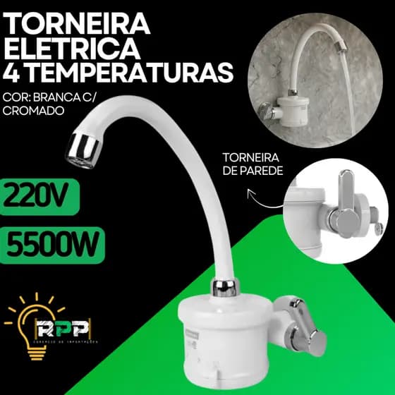 Torneira Cozinha Eletrica Branco Cromado 220v 4t Enerbras 5500w