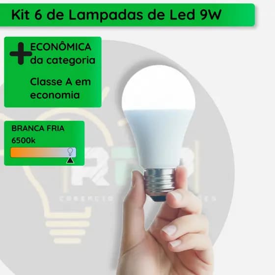 Kit 6 Lâmpadas LED Pera 9W E27 Branco Frio 6500K Bivolt 127/220V Econômicas Alta Eficiência