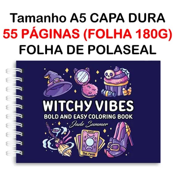 Livro de Colorir Witchy Vibes 55 Folhas Papel 180g wire-o capa normal ou holográfica e elástico