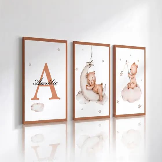 Quadros Decorativos 3 Peças 40x60 Ursinhos Delicados Personalizados Com Nome A Escolher