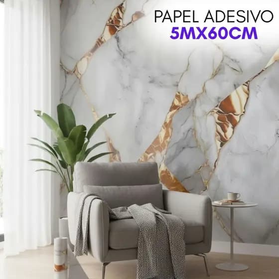 Papel de Parede Adesivo Mármore Dourado 5 M Lineares Acabamento Vinílico Com Brilho 60CM