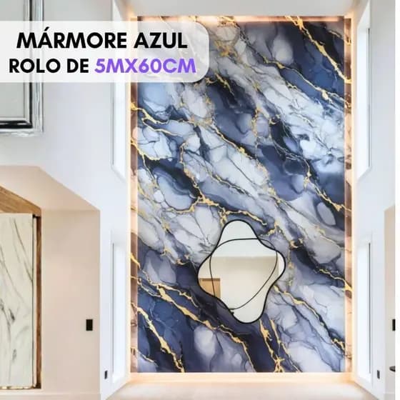 Papel de Parede Adesivo Mármore Azul Rolo 5 Metros Ideal P/ Reformas Praticidade Item Importado Vinílico 60cm