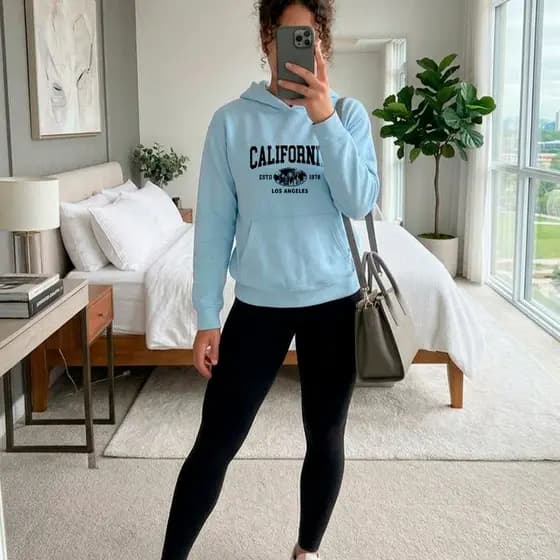 Conjunto Feminino Moletom Estampado California e Calça Legging Preta Básica