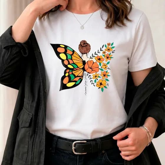 Camiseta Feminina Floral Borboleta Moderna Algodão
