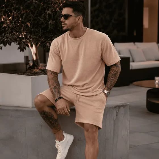 Conjunto Camiseta + Short Texturizado Casual Básica Texturizada Malha Premium