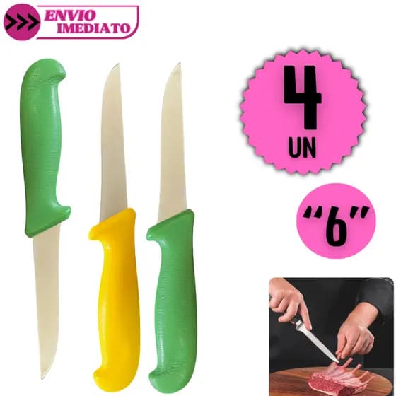 Jogo 4 Faca de Desossa Profissional 6" Aço Inox Cabo Antiderrapante Açougue Cozinha Açougueiro