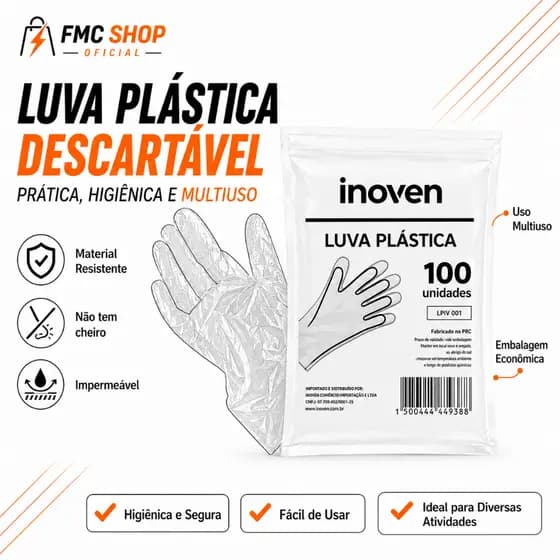 Luva Plástica Descartável até 1000 unidades Inoven Higiene Culinária e Limpeza