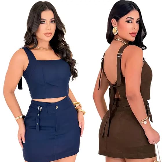CONJUNTO FEMININO DE SHORT SAIA E CROPPED + CINTO + ALÇA COM REGULAÇAO + BOJO + LAÇO DE AMARRAR