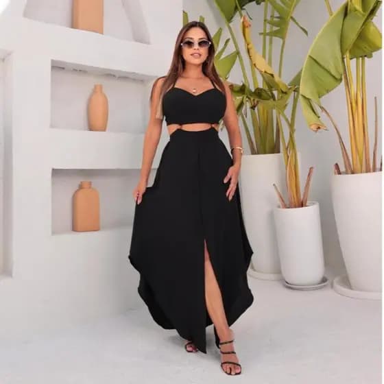 Vestido Midi Longo Verão com Fenda, Decote e Alças Tecido Duna Cor Preta