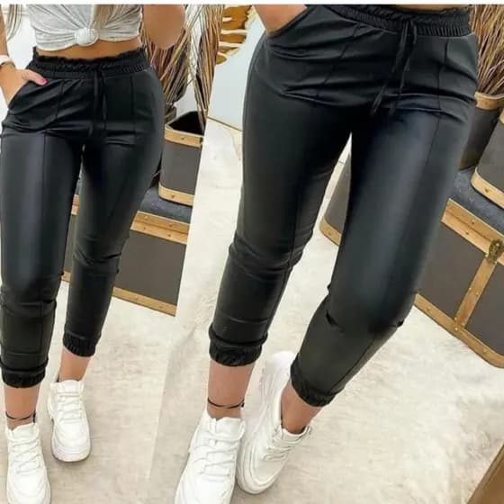 Calça Jogger Com Bolso e Cintura Alta Feminina de Courino Envio Imediato