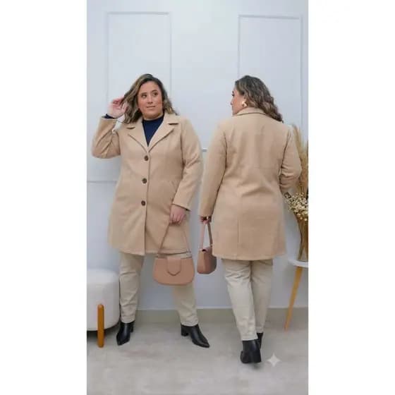 Casaco Feminino Pus Size Inverno Lã Batida | Casaco Quentinho Elegante Com Botões e Bolso.