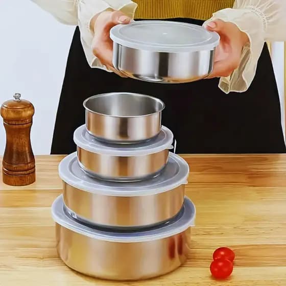 Kit Jogo 5 Potes Tigelas Inox com Tampa Hermética Redondas para Mantimentos Geladeira Cozinha