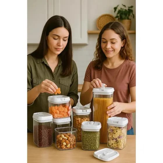 Kit 7 Potes Acrílico Mantimentos Arroz Feijão Cereais Condimentos Tampa Empilhar Organizar