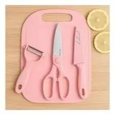 Kit 4 Utensílios Cozinha Faca Inox Tesoura Descascador Tábua Corte Preparar Alimentos Conjunto