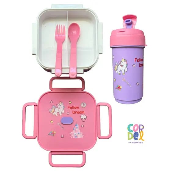 Pote Marmita Infantil com Garrafa de Plástico + Garfo e Colher Unicórnio ou Dinossauro