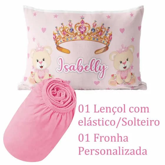 Kit Lençol e fronha solteiro menino e menina com nome personalizado Safari Urso Príncipe e Princesa