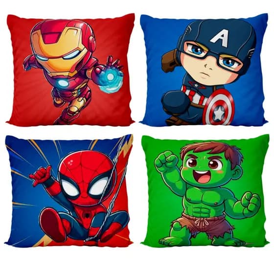 Kit 4 Capas de Almofadas Infantil Para Quarto Sala Heróis C/ Zíper 45x45