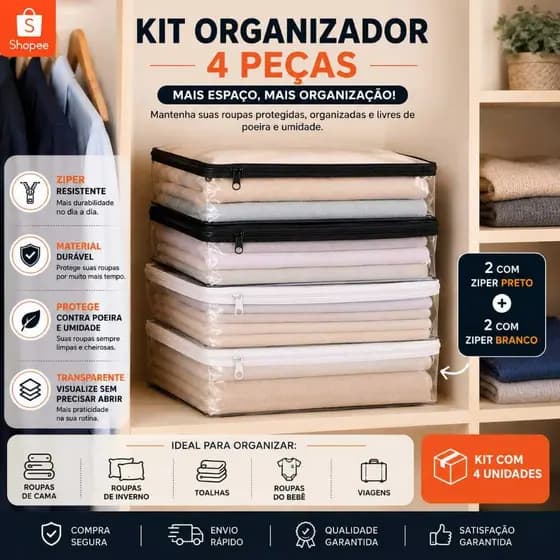 Kit c/4 unidades de Saco Organizador Multiuso PVC C/Ziper -Embalagem Transparente EDREDONS - COBERTAS - TOALHAS