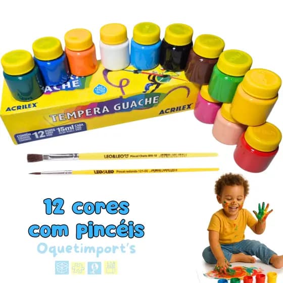 Tinta Tempera Guache Acrilex 15ml com 12 Cores Vibrantes + 2 Pincéis Não Tóxica e Lavável