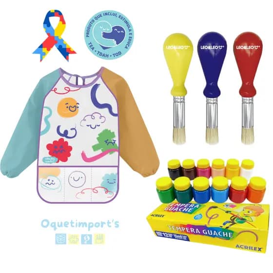 Avental Infantil Pincéis e Guache ColorJoy - Ideal para Crianças TEA, TDAH e TOD Selecione Seu Kit