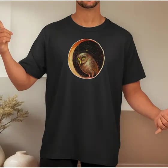 Camiseta Coruja Curiosa Pintura Arte Hieronymus Bosch 100% Algodão Preta Branca
