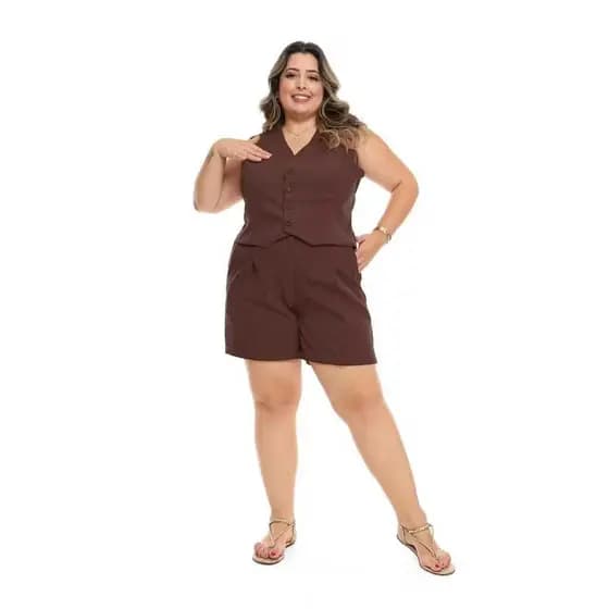 Conjunto Plus Size Colete e Short Elegante Cintura Alta Alfaiataria Luis Twill