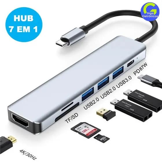 Conversor USB-C Multifuncional 7 em 1 - 4K 30Hz, USB Duplo e Leitor de Cartões Dual