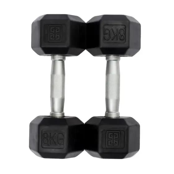 Dumbells de 8kg Sextavados Emborrachados Vulcanizados Musculação Peso Casa - (2 Unidades)