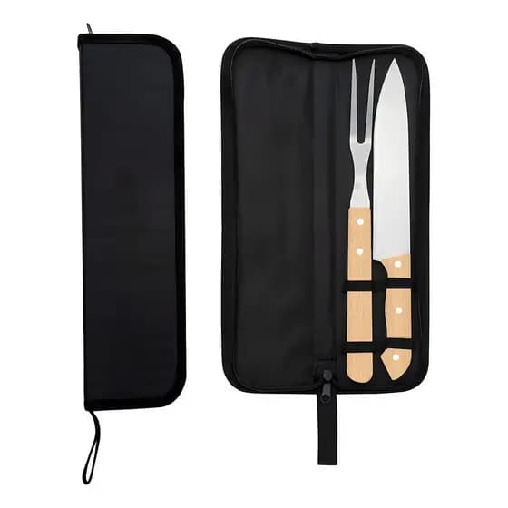 Kit Churrasco Aço Inox Madeira Faca E Garfo Jogo Com 2 Peças