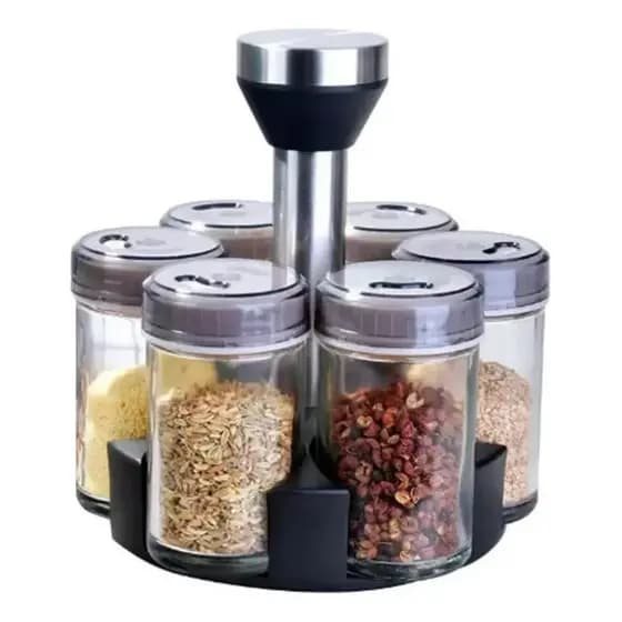 Kit 6 Porta Tempero Condimento Vidro Suporte Giratório Inox