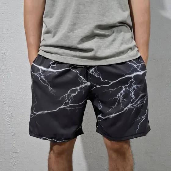 Shorts Tactel Masculino Estampado Raios Trovões Bermuda Elastano Streetwear Masculina Treino