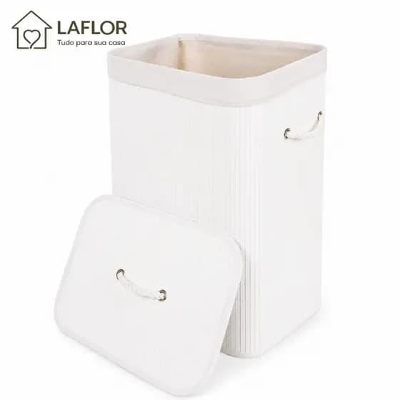 Cesto de Bambu Multiuso Cesto de Roupa Suja Com Tampa e Alças 70L Branco