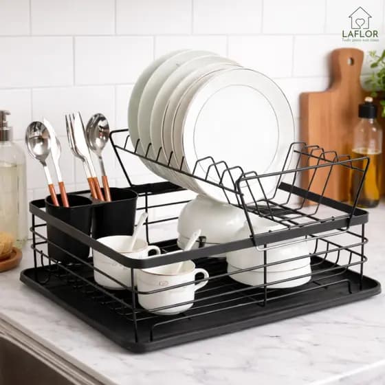 Escorredor de Louça Preto Organizador 2 Andares Porta Talheres Copos Pratos Premium Cozinha Pia