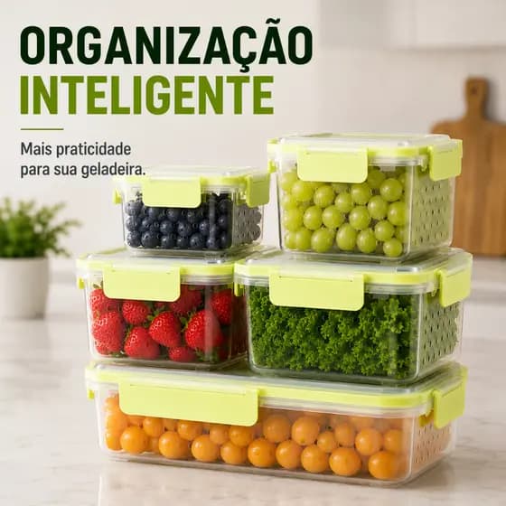 Potes Herméticos Kit 5 Unidades Tampa Vedação Organizador de Geladeira e Despensa